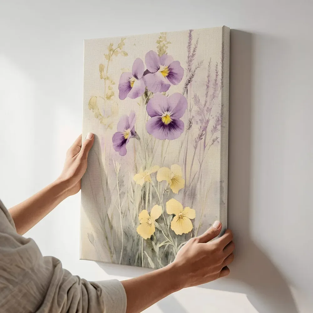 Sfeerimpressie: Violen en gele bloemen met lavendel terwijl het zittend wordt getoond