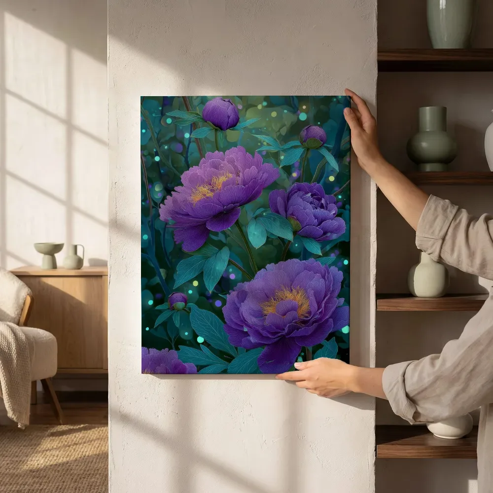 Sfeerimpressie: Violette pioenrozen in het vuurvliegjeswoud naast de kast