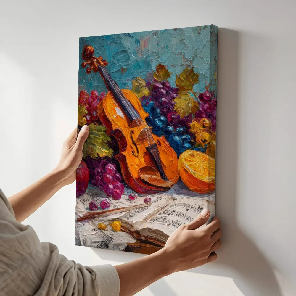 Sfeerimpressie: Viool met fruit op turquoise achtergrond terwijl het aan de muur wordt gehangen