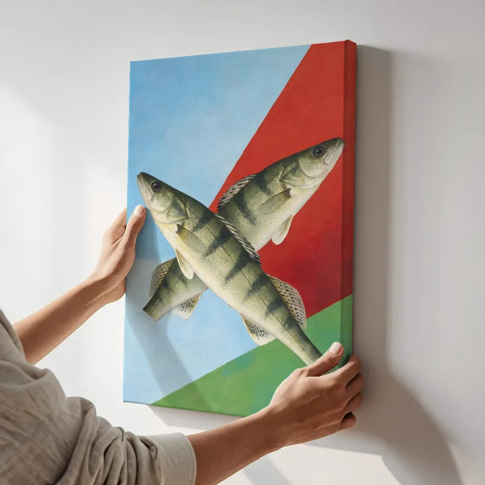 Sfeerimpressie: Vis in hemelblauw en klaproosrood terwijl het aan de muur wordt gehangen