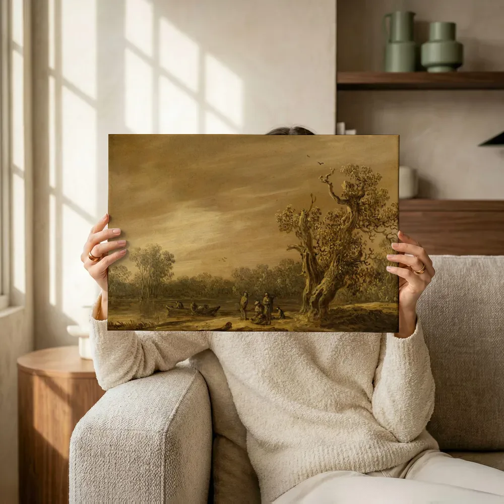 Sfeerimpressie: Vissers bij een meeroever van Jan van Goyen terwijl het omhoog wordt gehouden