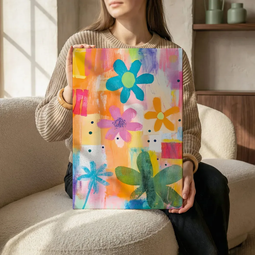 Sfeerimpressie: Vlakke pop-art bloemen terwijl het zittend wordt getoond