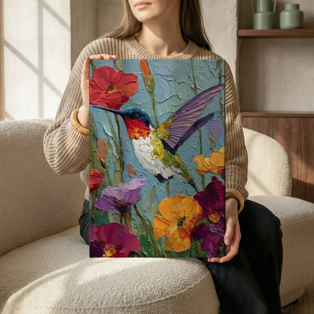 Sfeerimpressie: Vliegende kolibrie tussen bloemen terwijl het zittend wordt getoond
