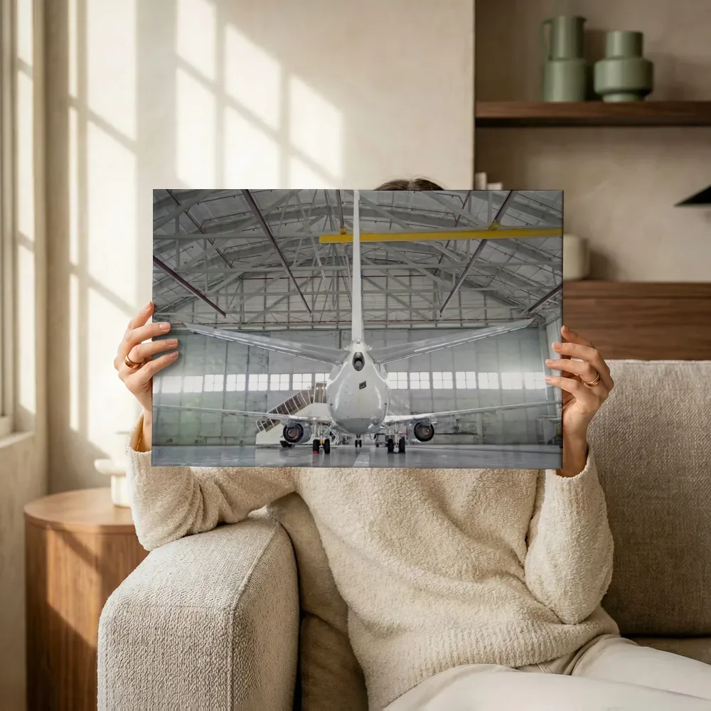 Sfeerimpressie: Vliegtuig in de hangar terwijl het omhoog wordt gehouden