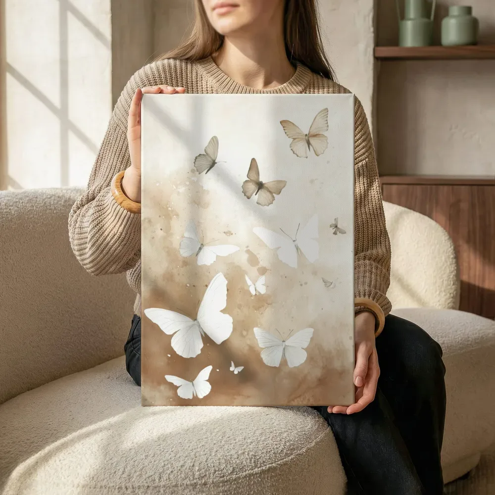 Sfeerimpressie: Vlinders aquarel wit en bruin terwijl het zittend wordt getoond