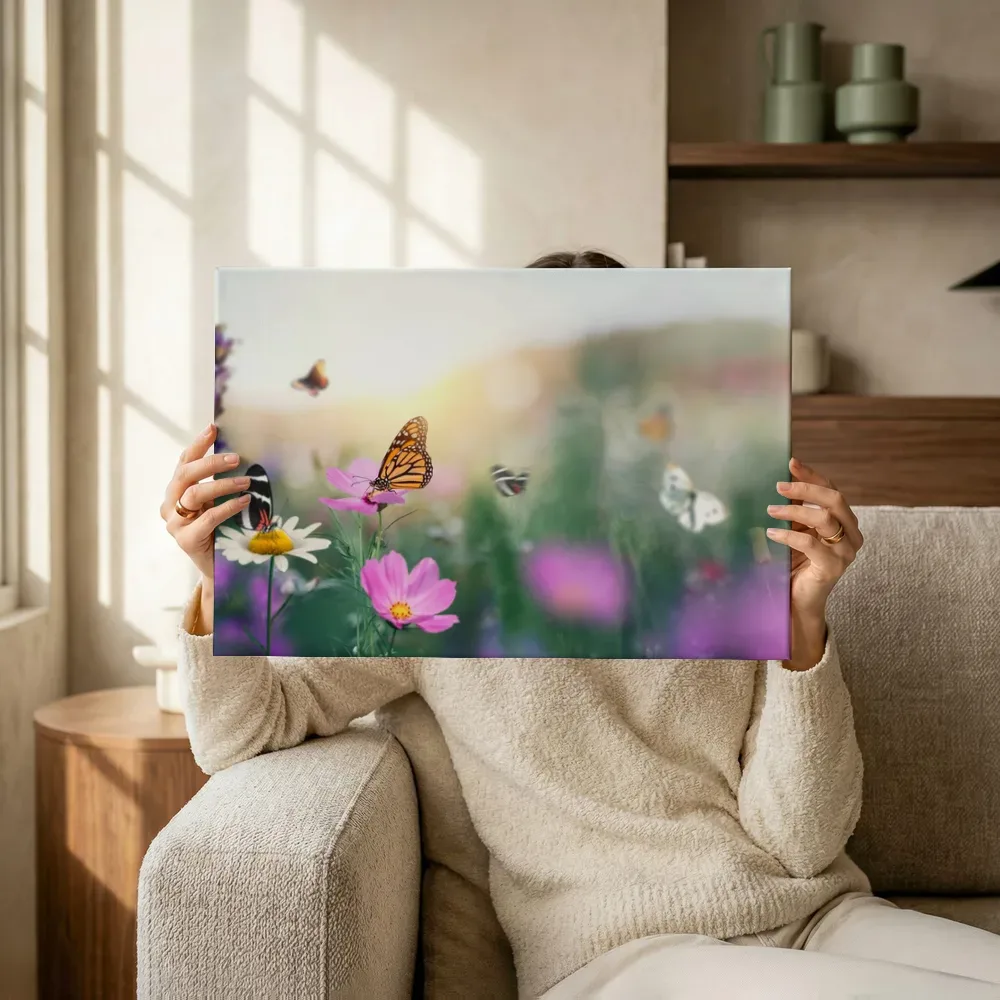 Sfeerimpressie: Vlinders dansend boven de bloemenweide terwijl het omhoog wordt gehouden