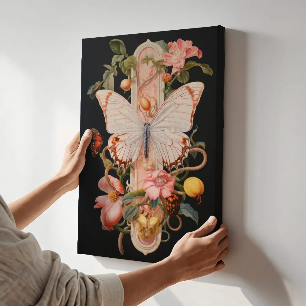Sfeerimpressie: Vlinders en fruit op zwart terwijl het aan de muur wordt gehangen