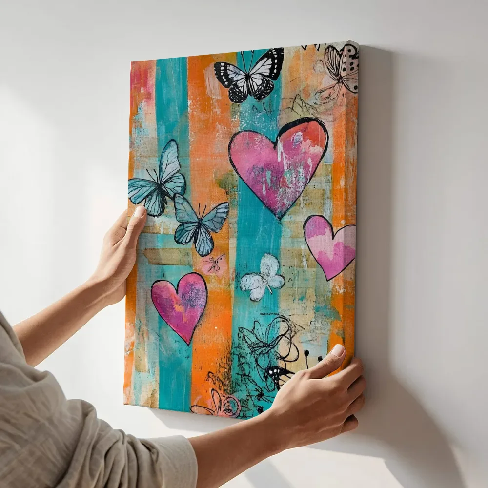 Sfeerimpressie: Vlinders en hartjes op turquoise terwijl het aan de muur wordt gehangen