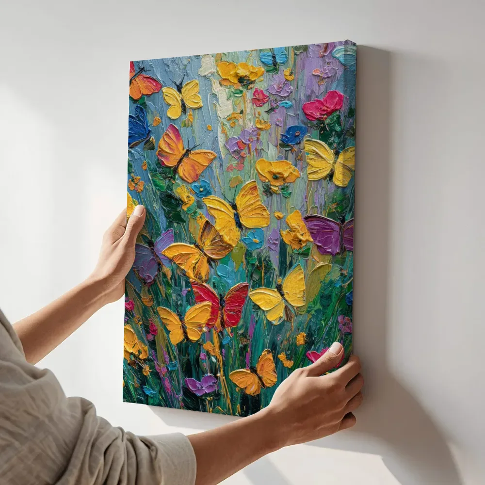 Sfeerimpressie: Vlinders in kleurrijk bloemenveld terwijl het aan de muur wordt gehangen