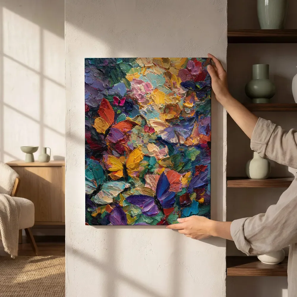 Sfeerimpressie: Vlinders op abstract impasto terwijl het aan de muur wordt gehangen