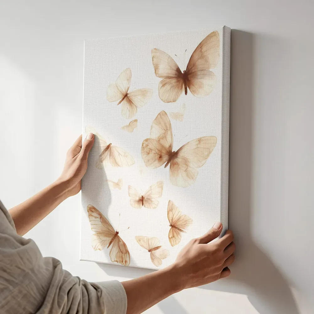 Sfeerimpressie: Vlinders in sepia aquarel terwijl het aan de muur wordt gehangen