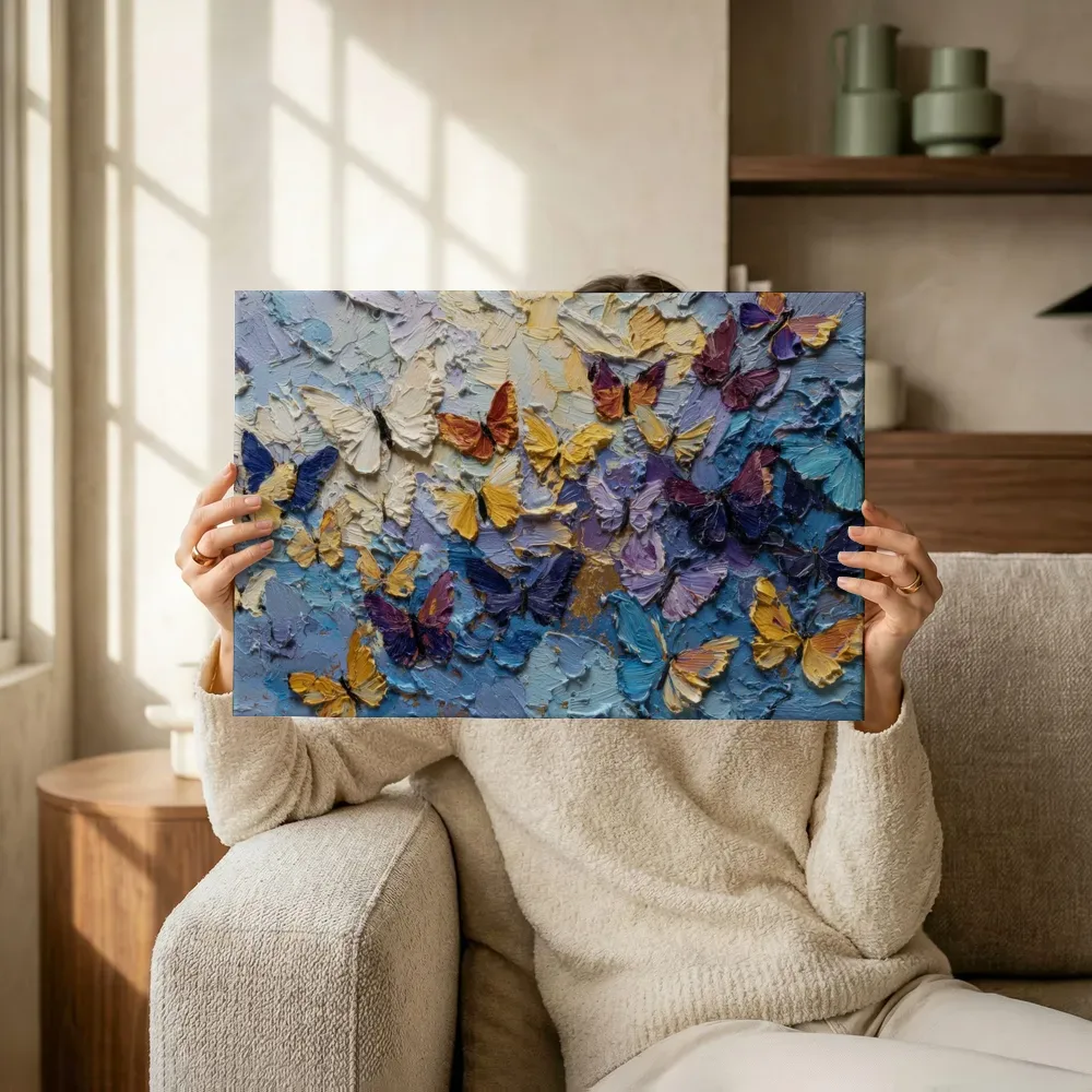 Sfeerimpressie: Vlinderzwerm in pastel lila terwijl het omhoog wordt gehouden