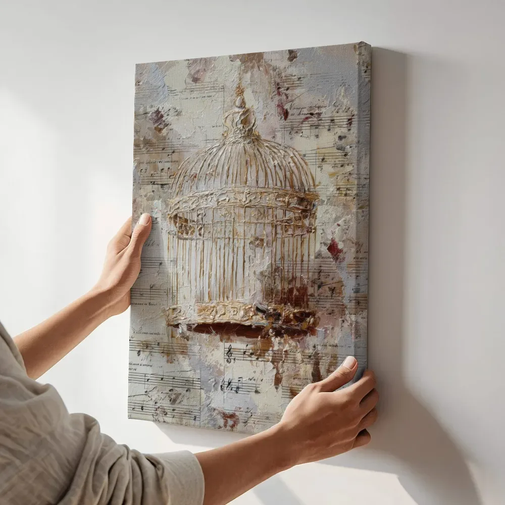 Sfeerimpressie: Vogelkooi op notenbalken terwijl het aan de muur wordt gehangen