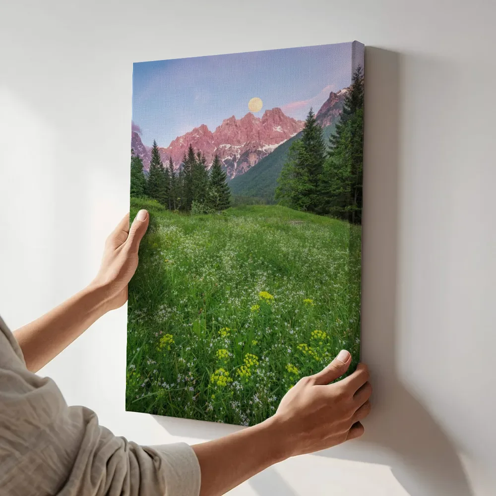 Sfeerimpressie: Volle maan boven de bloemenweide terwijl het aan de muur wordt gehangen