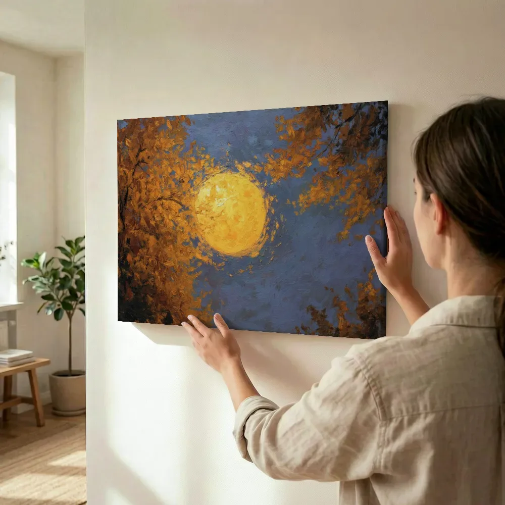 Sfeerimpressie: Volle maan boven herfstboom terwijl het wordt opgehangen