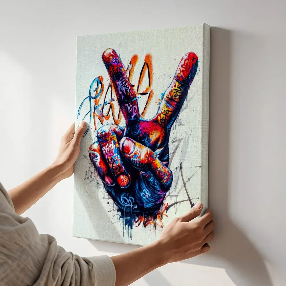 Sfeerimpressie: Vredesteken hand terwijl het aan de muur wordt gehangen