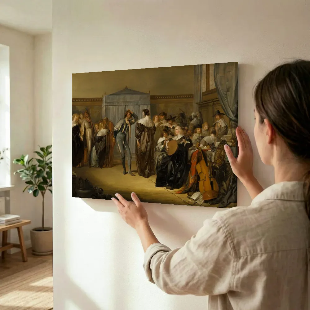 Sfeerimpressie: Vrolijk gezelschap met gemaskerde dansers van Pieter Codde terwijl het wordt opgehangen