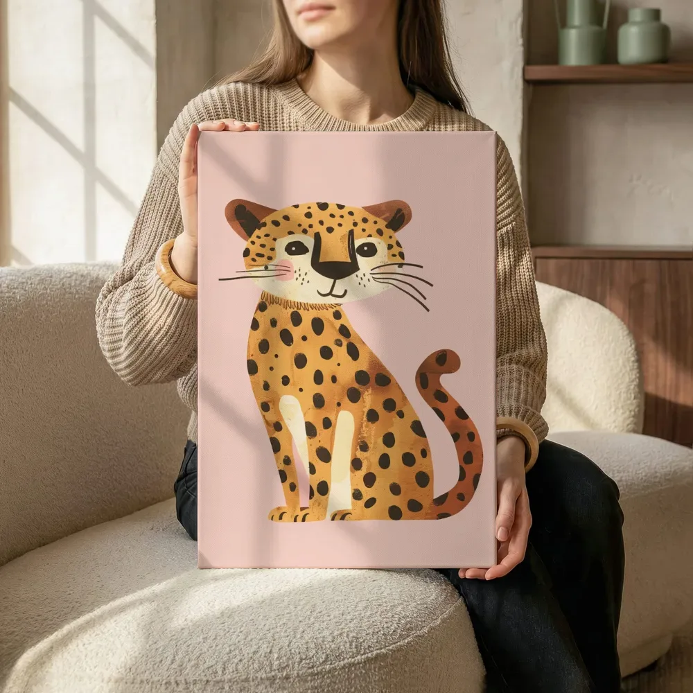 Sfeerimpressie: Vrolijke cheetah op roze terwijl het zittend wordt getoond