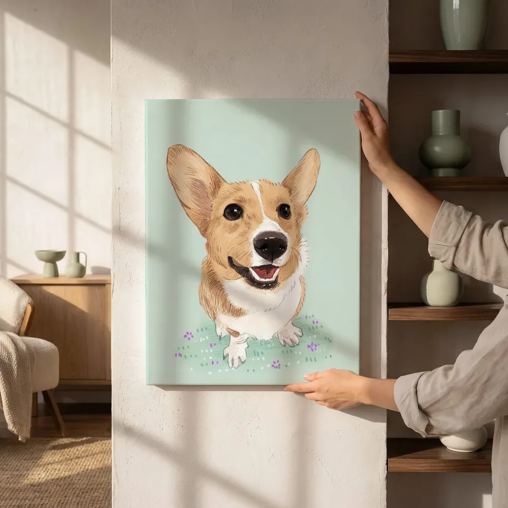 Sfeerimpressie: Vrolijke corgi naast de kast