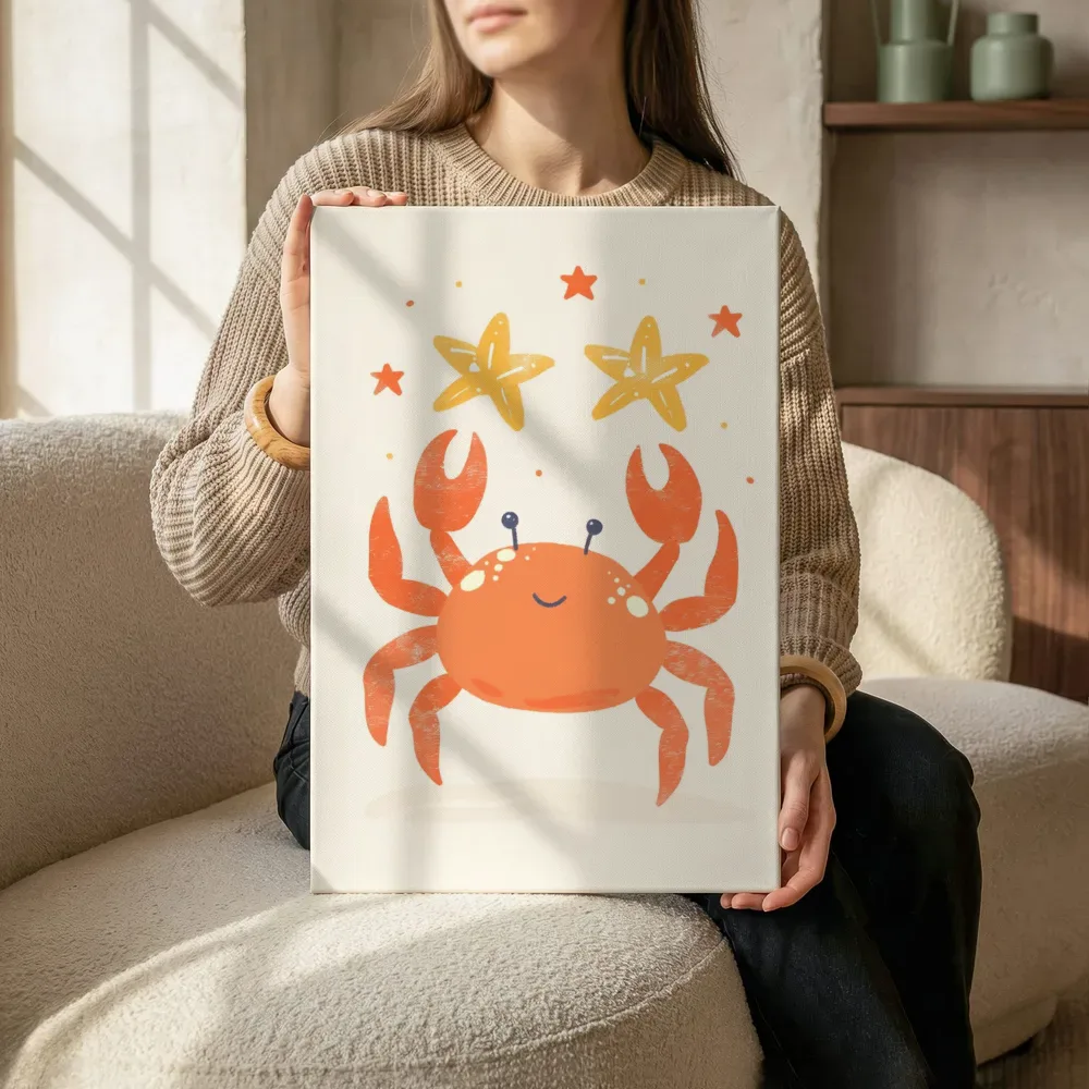 Sfeerimpressie: Vrolijke krab met zeesterren terwijl het zittend wordt getoond