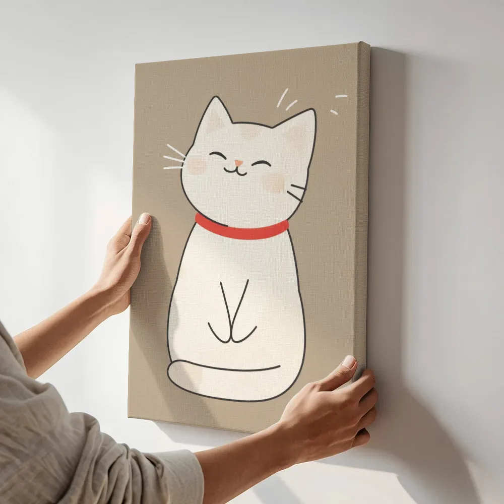 Sfeerimpressie: Vrolijke witte kat terwijl het aan de muur wordt gehangen