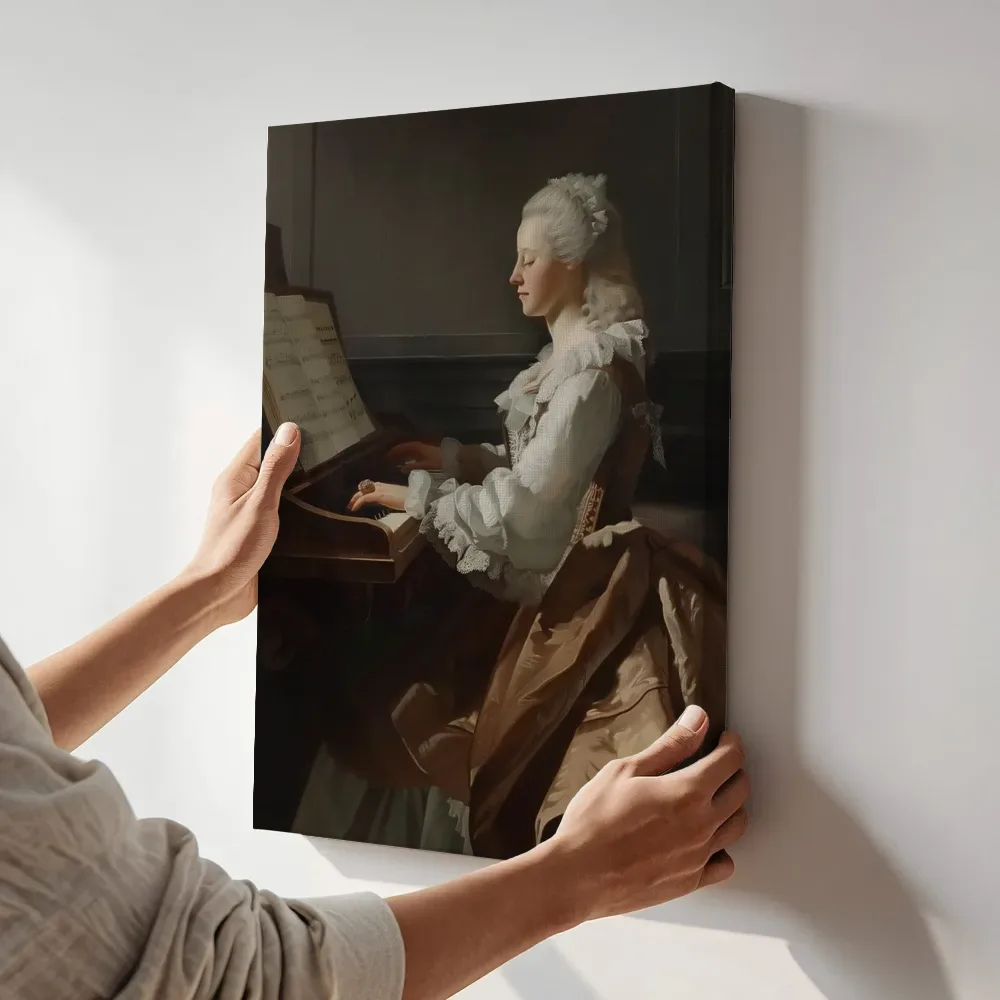 Sfeerimpressie: Vrouw aan het klavecimbel terwijl het aan de muur wordt gehangen