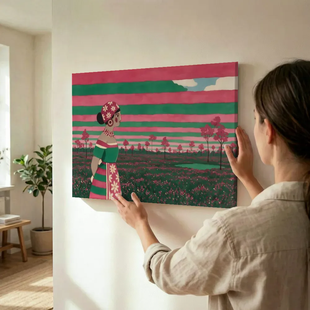 Sfeerimpressie: Vrouw bij de bloesembomen in framboos en jade terwijl het wordt opgehangen