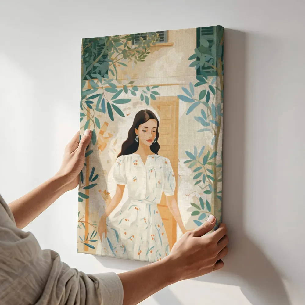 Sfeerimpressie: Vrouw bij de olijftuin terwijl het aan de muur wordt gehangen