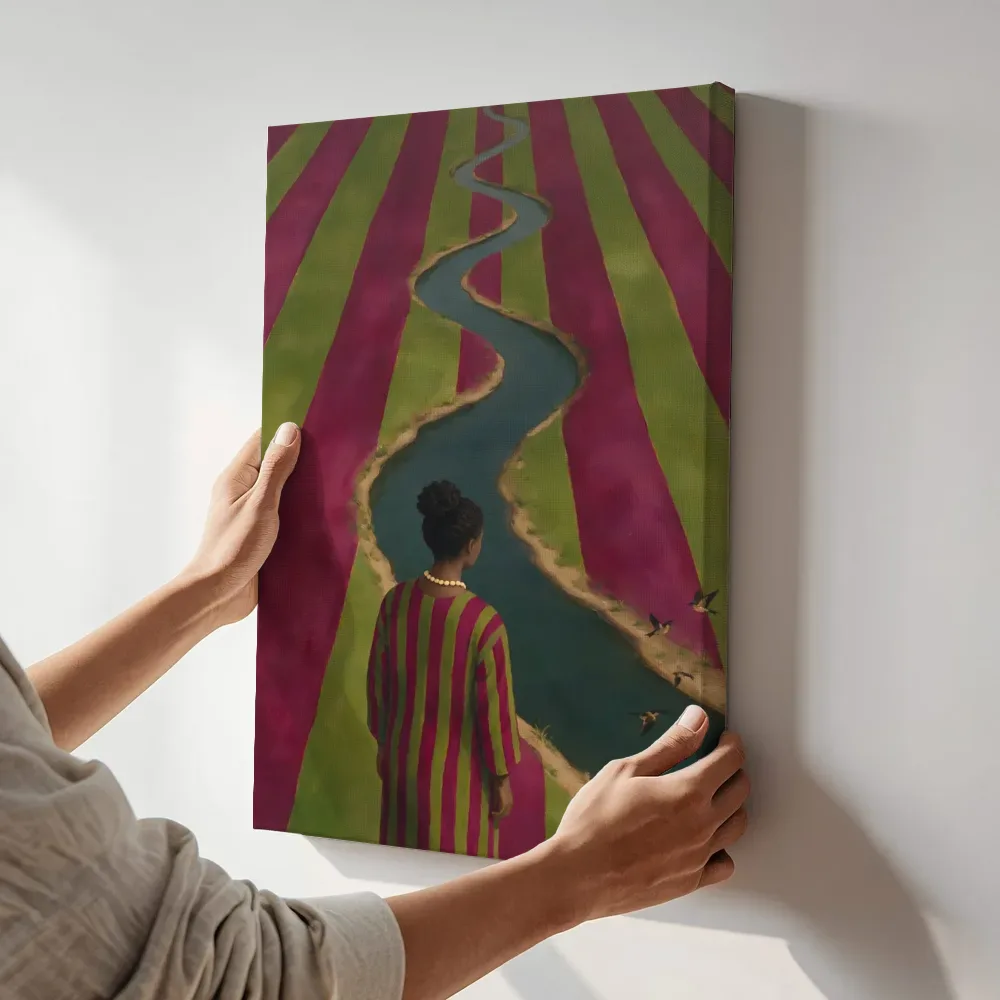 Sfeerimpressie: Vrouw bij de rivier in magenta en olijf terwijl het aan de muur wordt gehangen