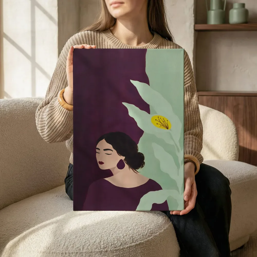 Sfeerimpressie: Vrouw bij een grote bloem in aubergine en mint terwijl het zittend wordt getoond