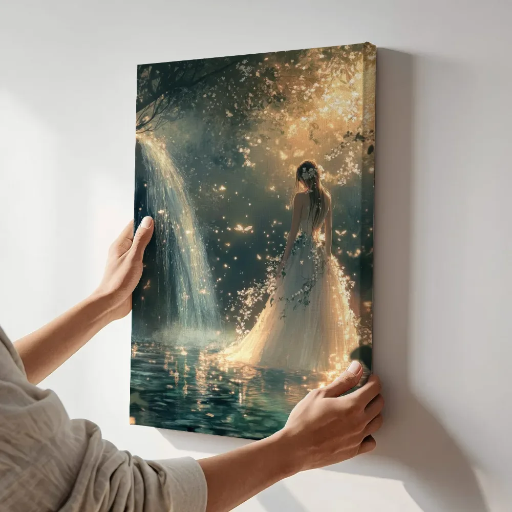 Sfeerimpressie: Vrouw bij waterval met vuurvliegjes terwijl het aan de muur wordt gehangen