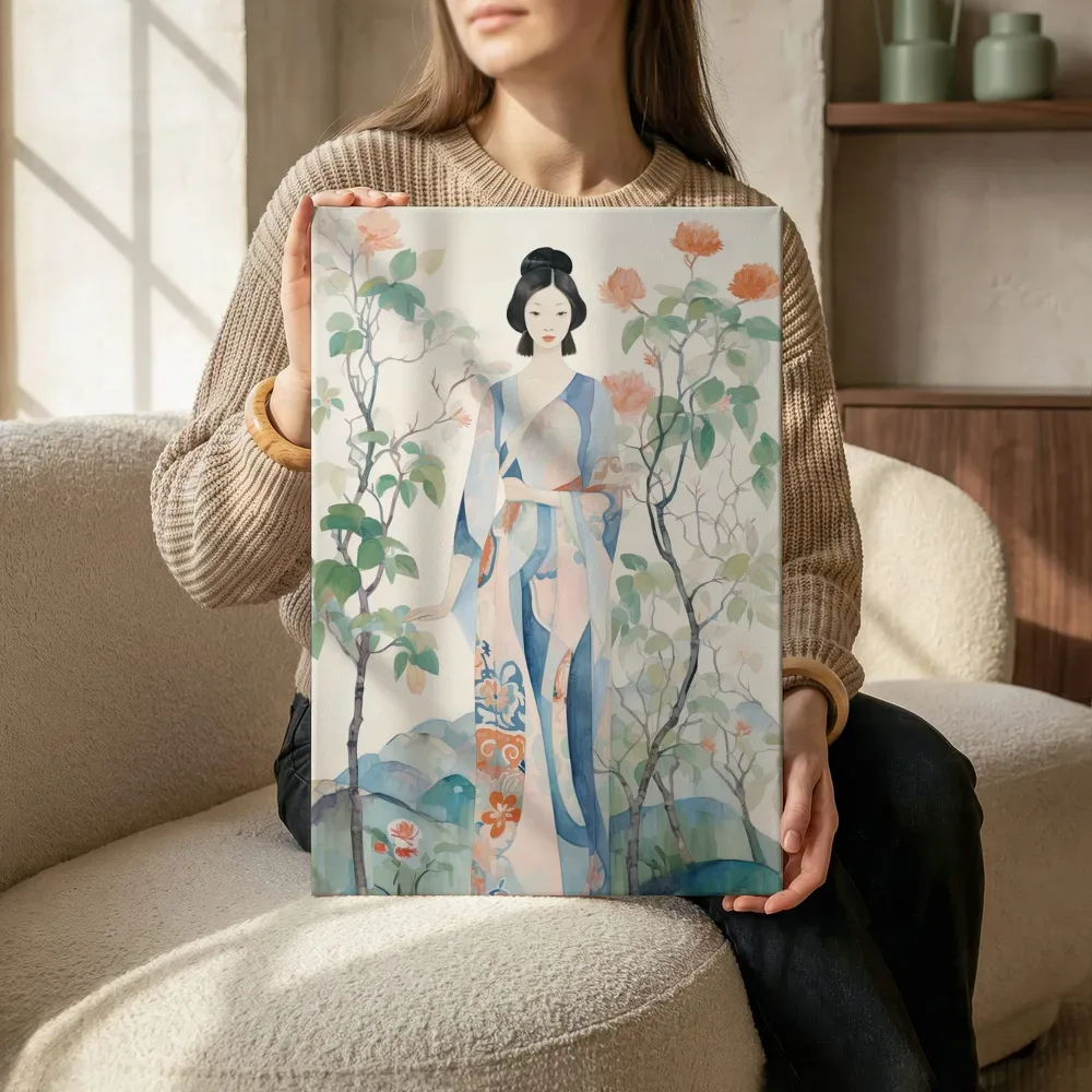 Sfeerimpressie: Vrouw in blauwe kimono bij camelia's terwijl het zittend wordt getoond