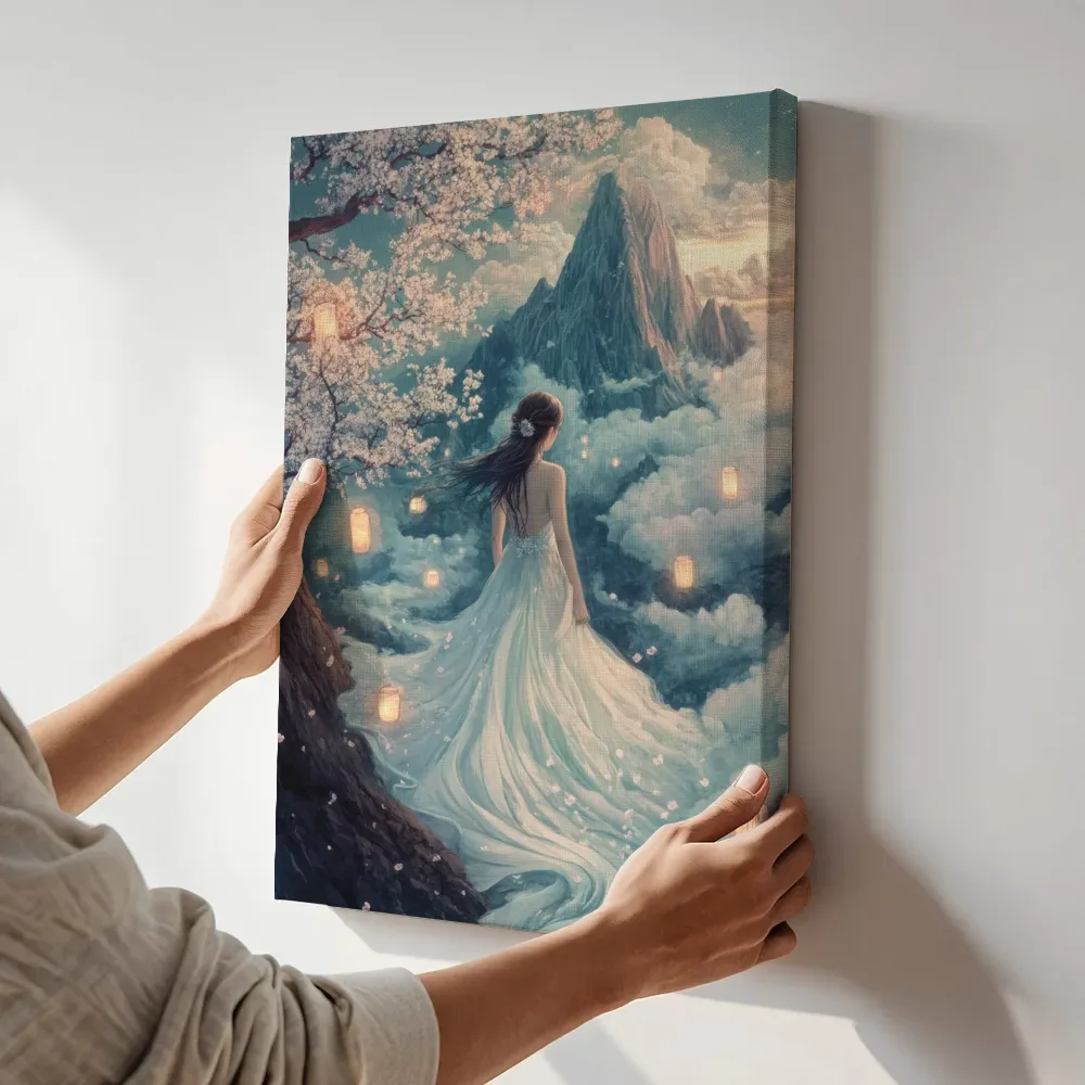 Sfeerimpressie: Vrouw boven de wolken bij bergpiek terwijl het aan de muur wordt gehangen