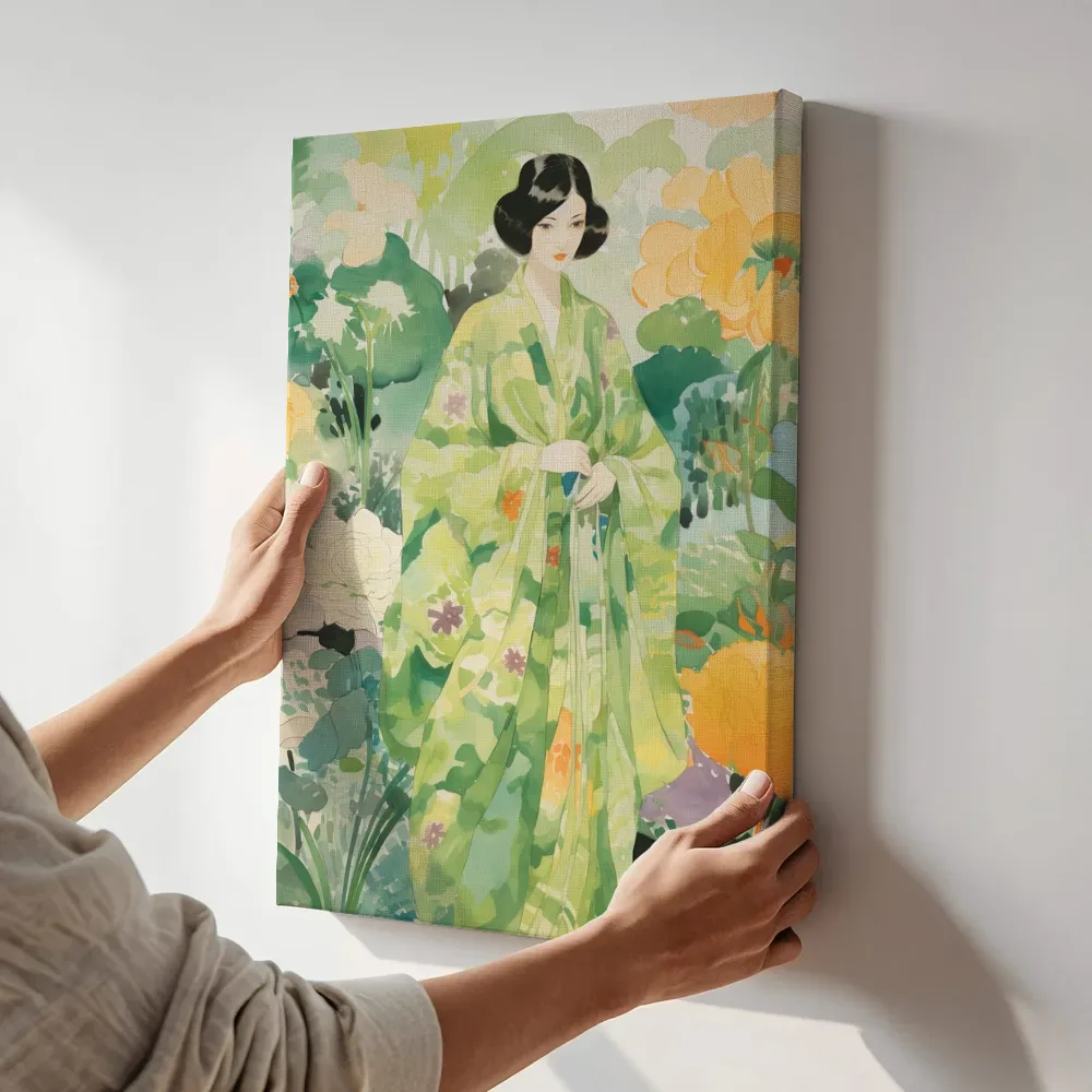 Sfeerimpressie: Vrouw in groene kimono tussen gele bloemen terwijl het aan de muur wordt gehangen