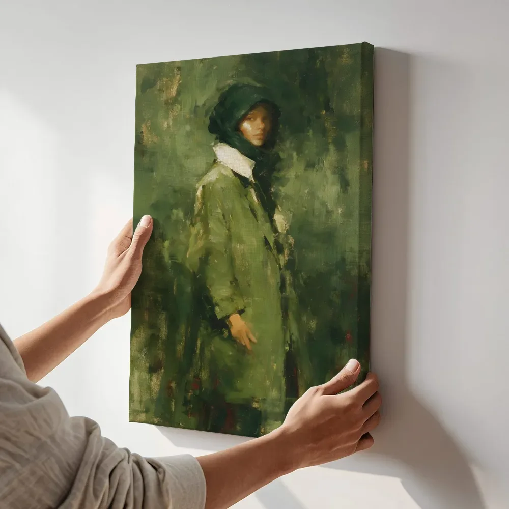 Sfeerimpressie: Vrouw half opgelost in olijfgroen terwijl het aan de muur wordt gehangen