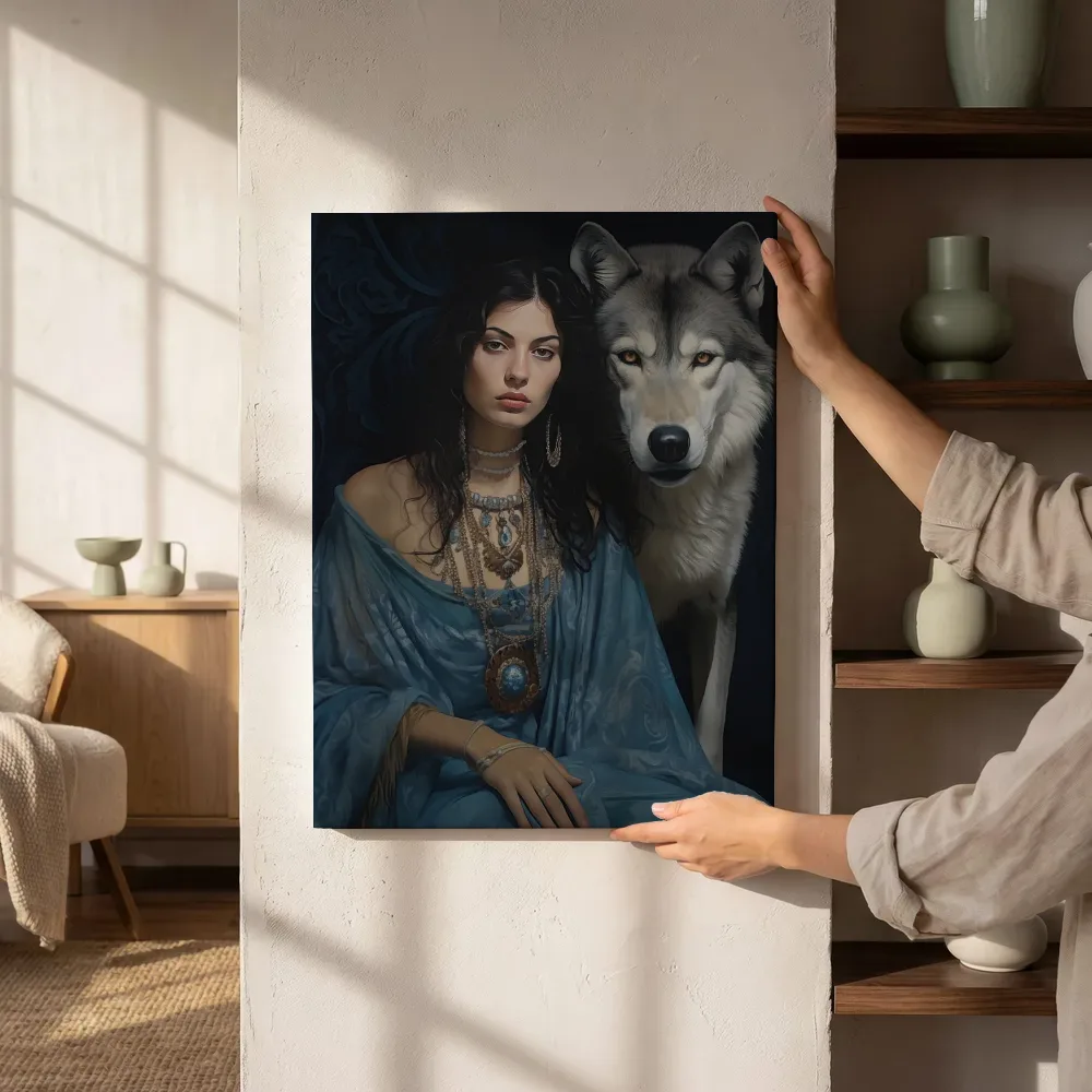 Sfeerimpressie: Vrouw in blauw naast wolf naast de kast