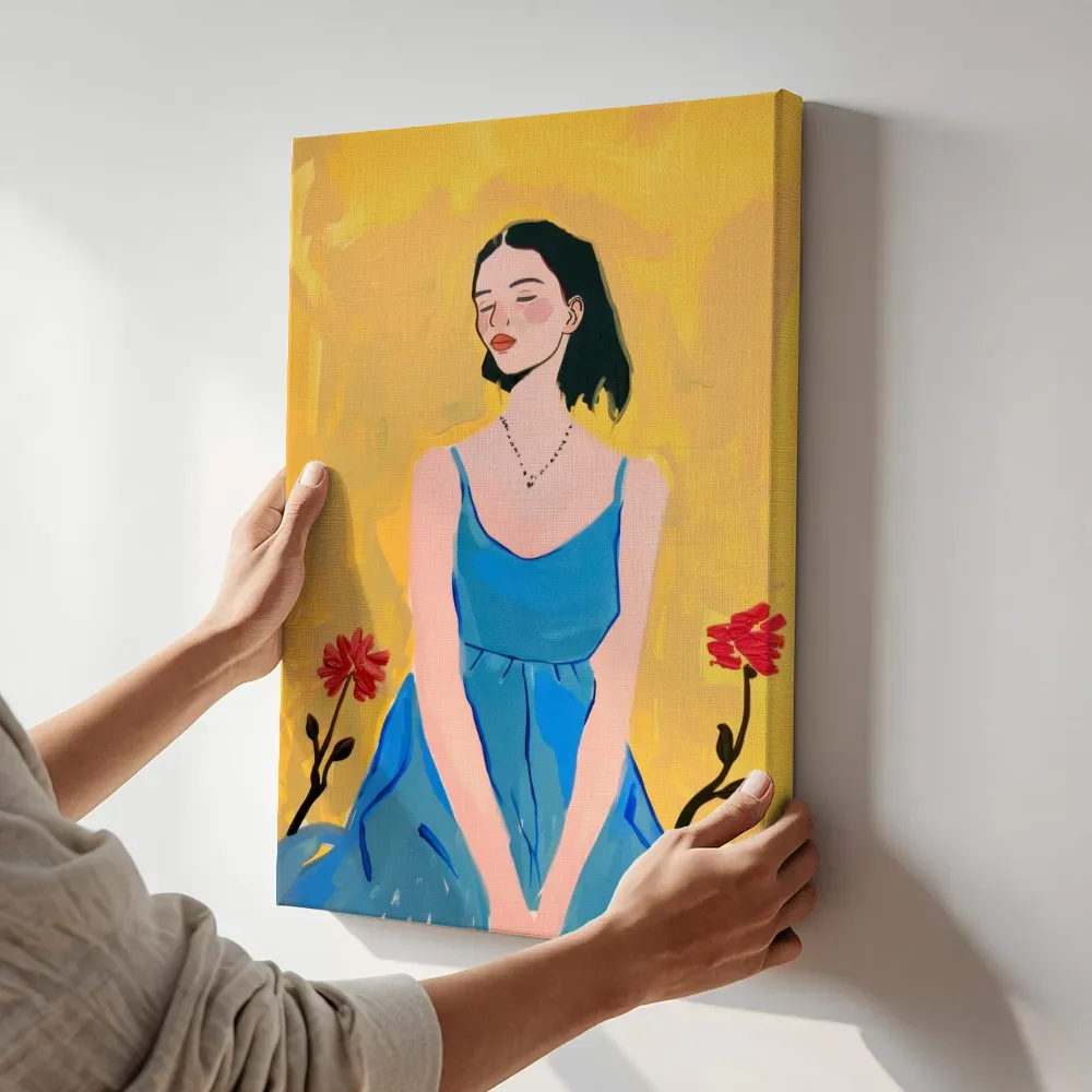 Sfeerimpressie: Vrouw in blauwe jurk op geel terwijl het aan de muur wordt gehangen
