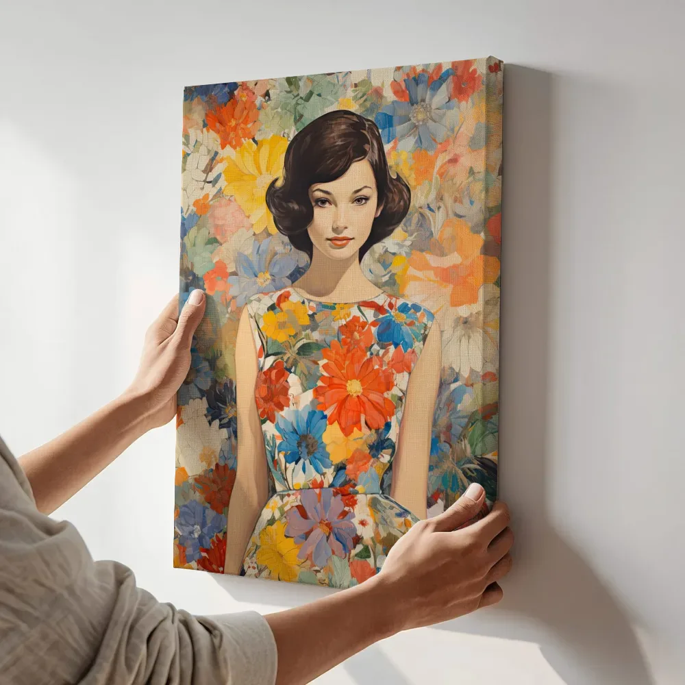 Sfeerimpressie: Vrouw in bloemenprint terwijl het aan de muur wordt gehangen