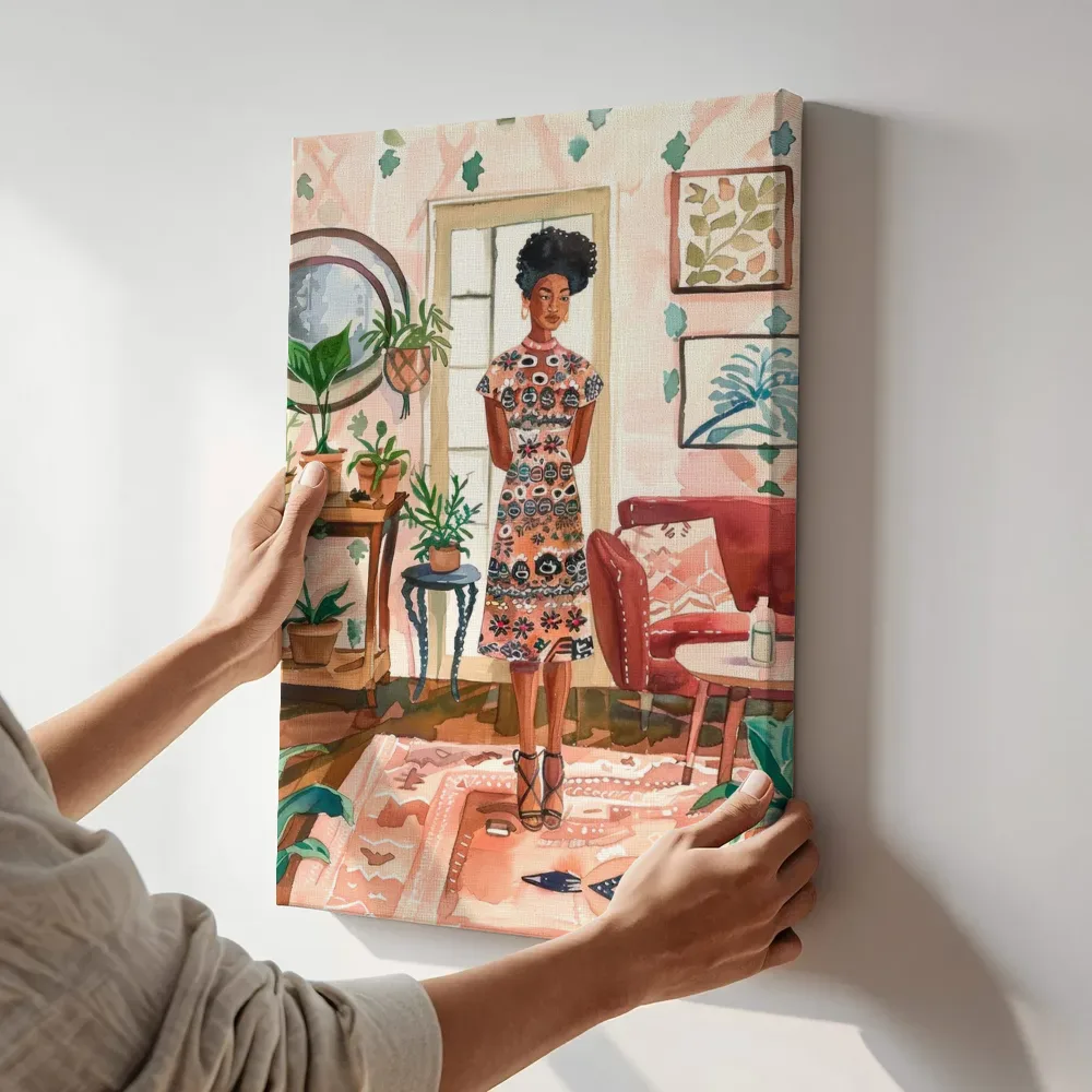 Sfeerimpressie: Vrouw in bohemien woonkamer terwijl het aan de muur wordt gehangen