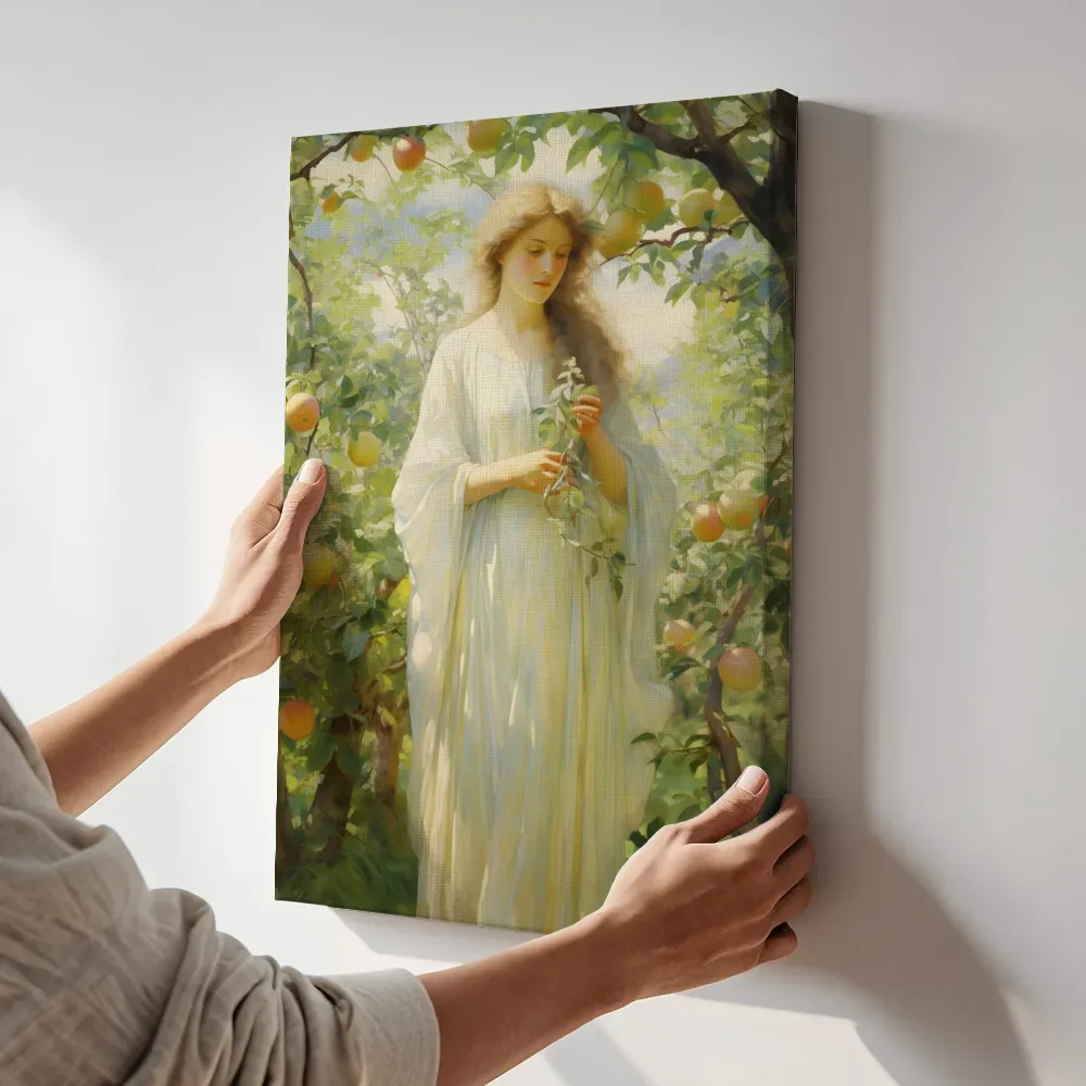 Sfeerimpressie: Vrouw in de boomgaard terwijl het aan de muur wordt gehangen