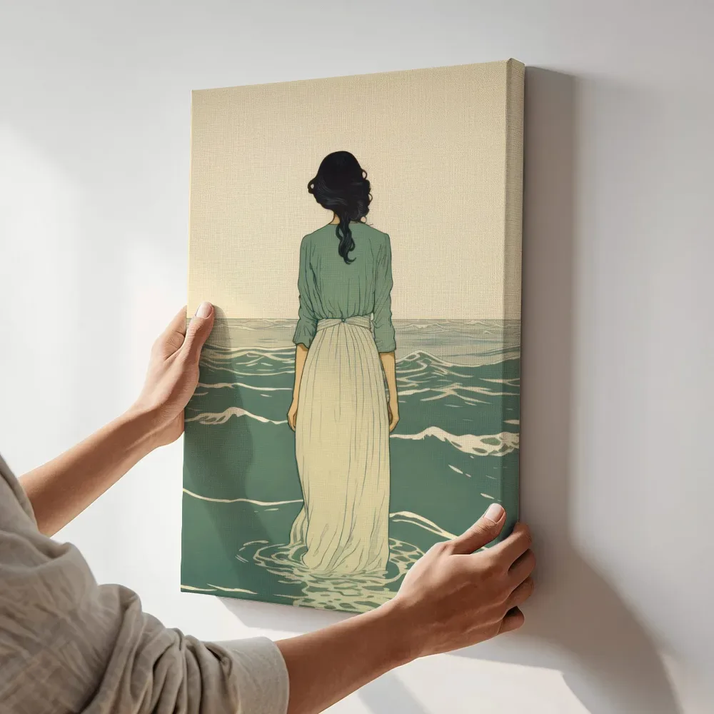 Sfeerimpressie: Vrouw in de golven schilderij terwijl het aan de muur wordt gehangen