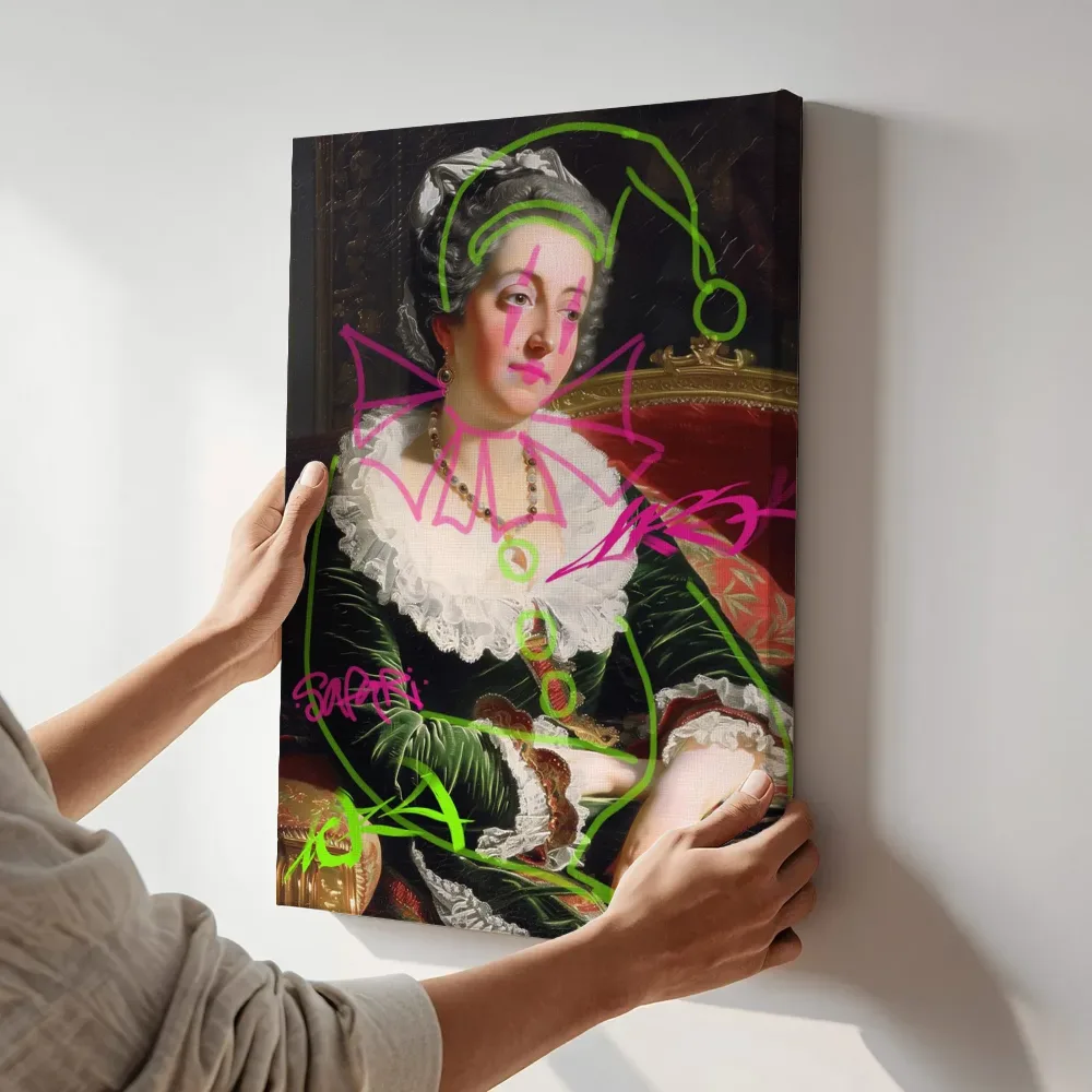 Sfeerimpressie: Vrouw in groen fluweel graffiti editie terwijl het aan de muur wordt gehangen