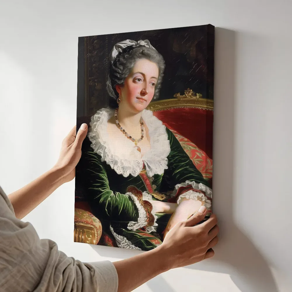 Sfeerimpressie: Vrouw in groen fluweel terwijl het aan de muur wordt gehangen