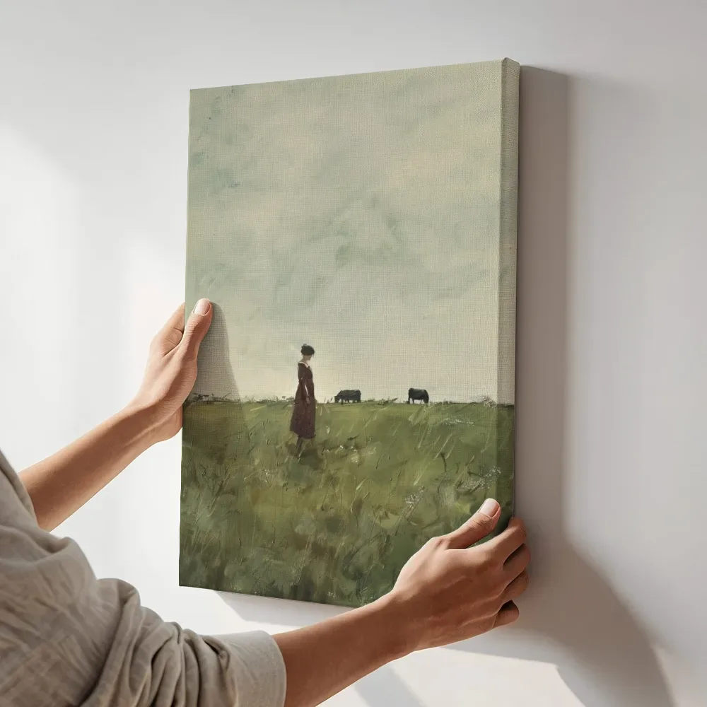 Sfeerimpressie: Vrouw in het weiland terwijl het aan de muur wordt gehangen