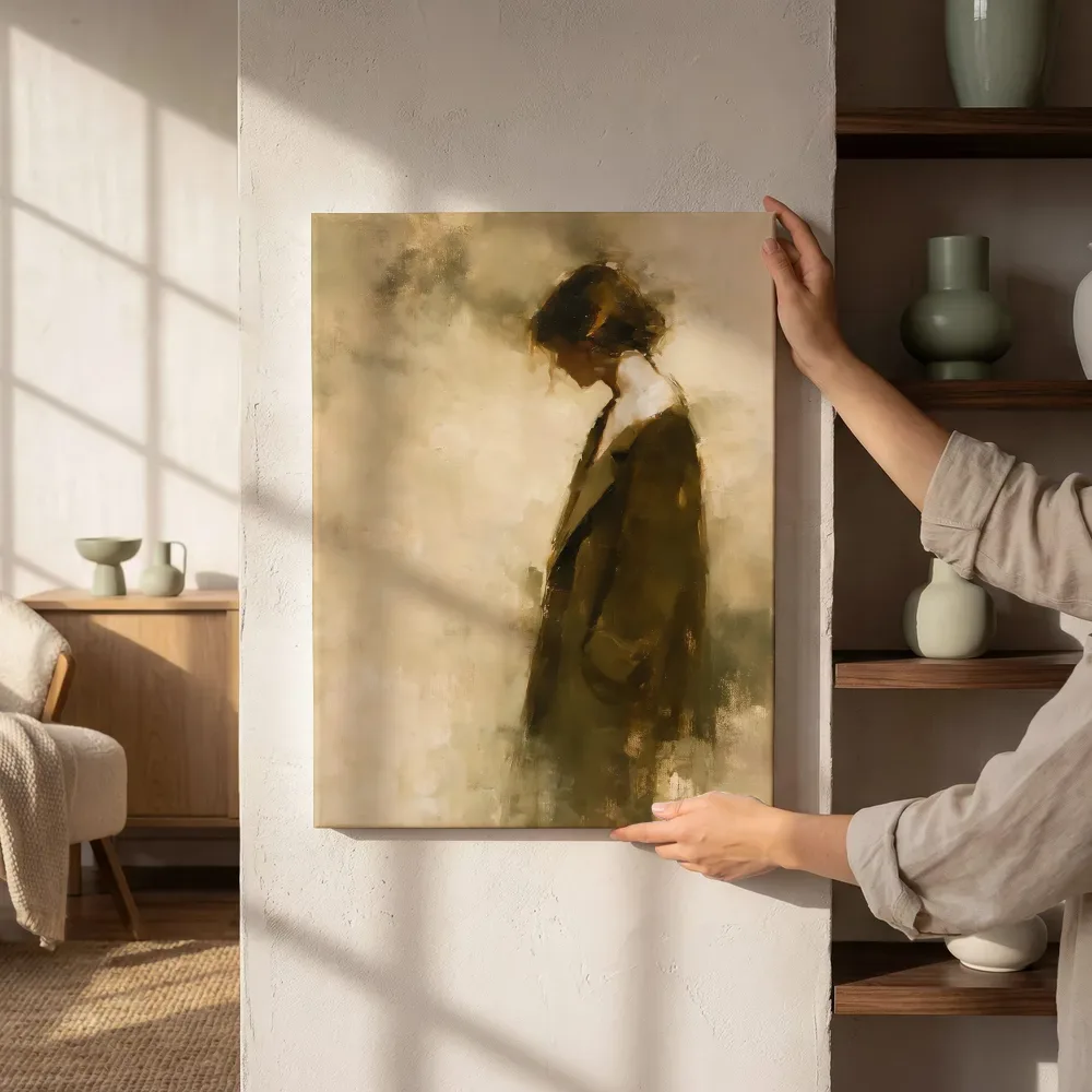 Sfeerimpressie: Vrouw in houding, beige naast de kast