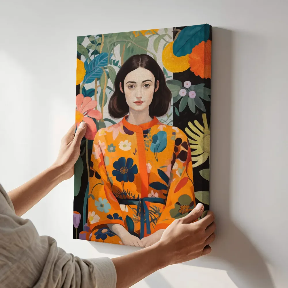 Sfeerimpressie: Vrouw in oranje kimono terwijl het aan de muur wordt gehangen