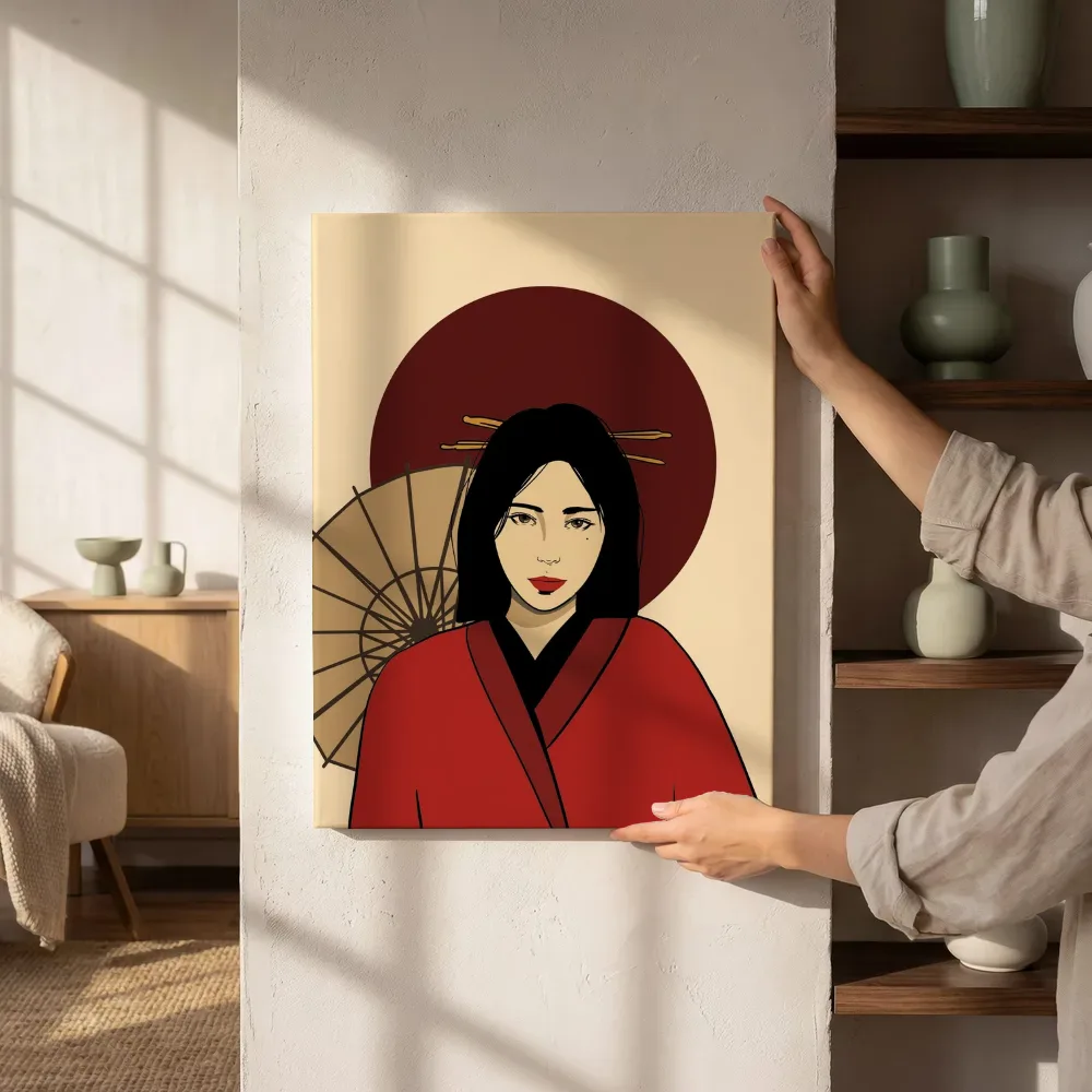 Sfeerimpressie: Vrouw in rode kimono naast de kast