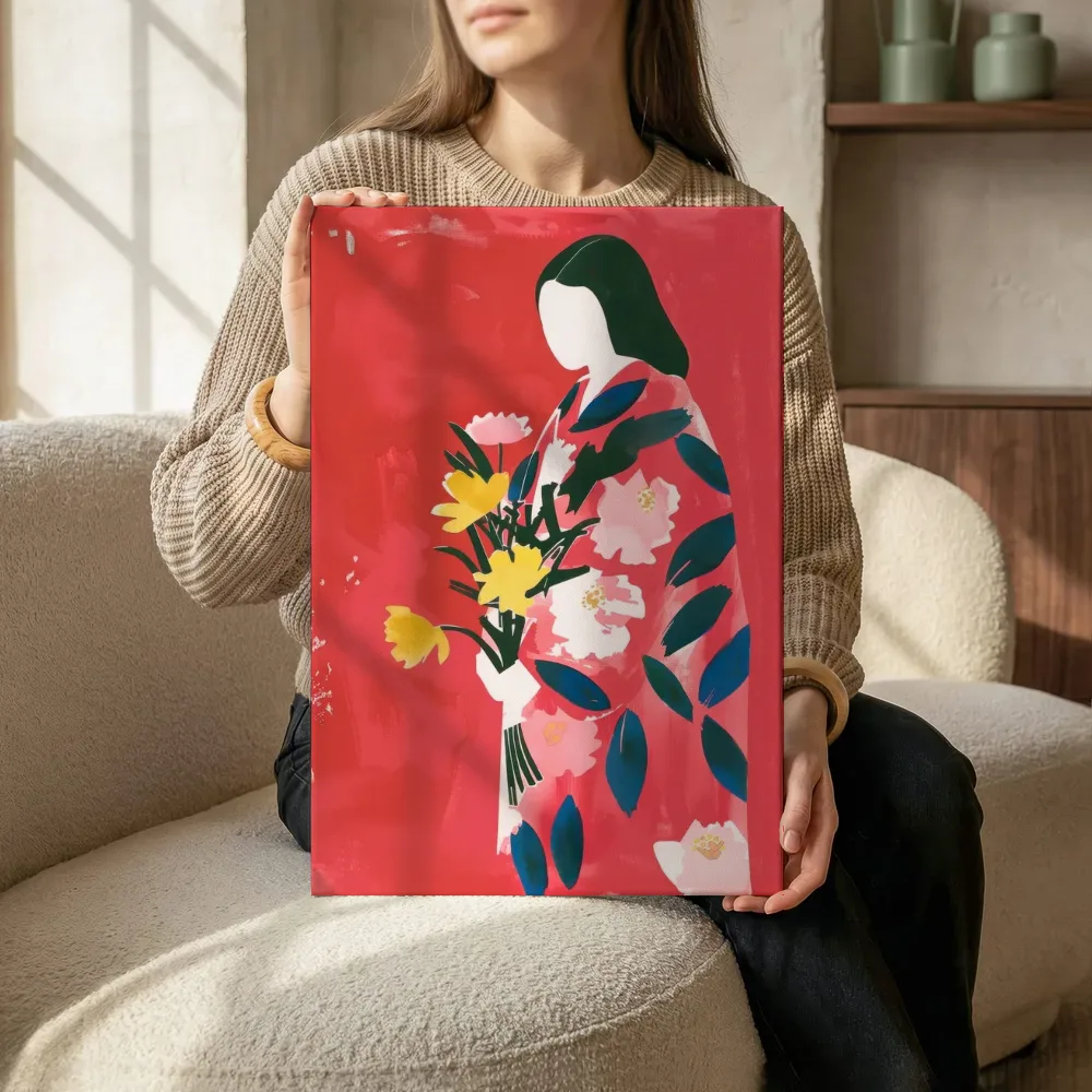 Sfeerimpressie: Vrouw in rode kimono met boeket terwijl het zittend wordt getoond