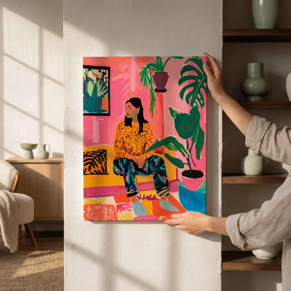 Sfeerimpressie: Vrouw in roze kamer met planten naast de kast