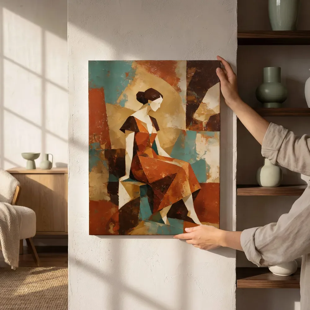 Sfeerimpressie: Vrouw in vlakken, terracotta naast de kast